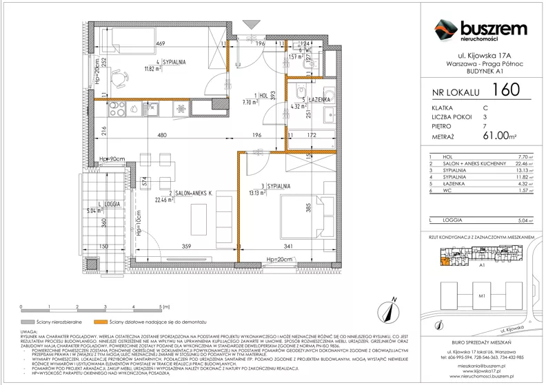 3 pokoje, mieszkanie 61,00 m², piętro 7, oferta nr 160, Kijowska 17A, Warszawa, Praga Północ, ul. Kijowska 17A