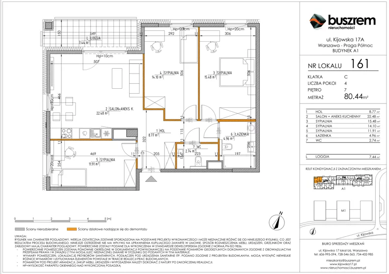 4 pokoje, mieszkanie 80,44 m², piętro 7, oferta nr 161, Kijowska 17A, Warszawa, Praga Północ, ul. Kijowska 17A