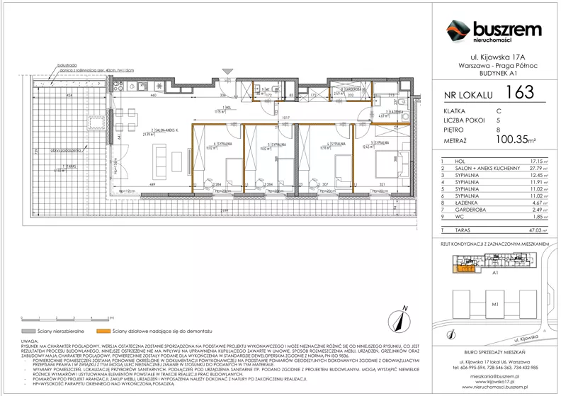 5 pokoi, mieszkanie 100,35 m², piętro 8, oferta nr 163, Kijowska 17A, Warszawa, Praga Północ, ul. Kijowska 17A