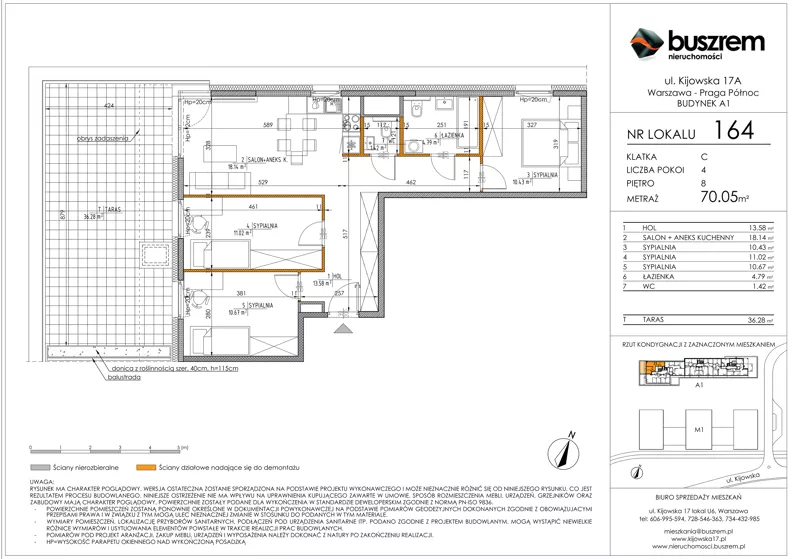 4 pokoje, mieszkanie 70,05 m², piętro 8, oferta nr 164, Kijowska 17A, Warszawa, Praga Północ, ul. Kijowska 17A