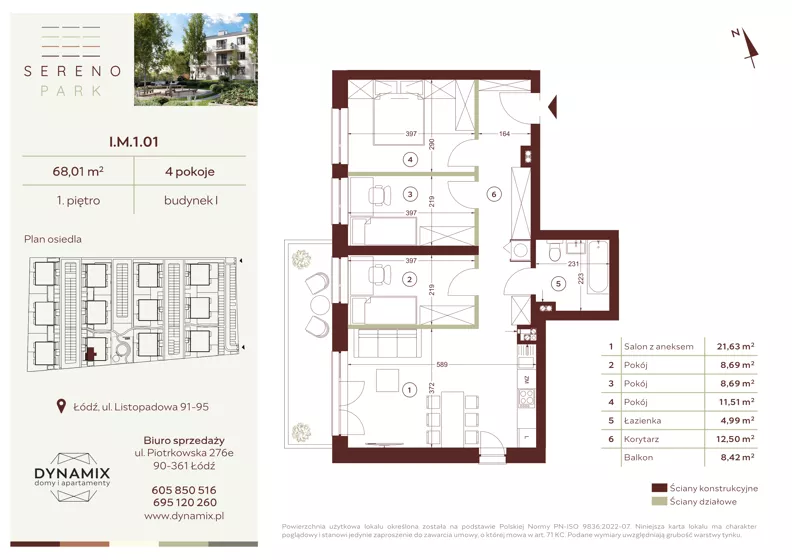 4 pokoje, mieszkanie 68,01 m², piętro 1, oferta nr I.M.1.01, Sereno Park, Łódź, Widzew, Stoki, ul. Listopadowa 91-95