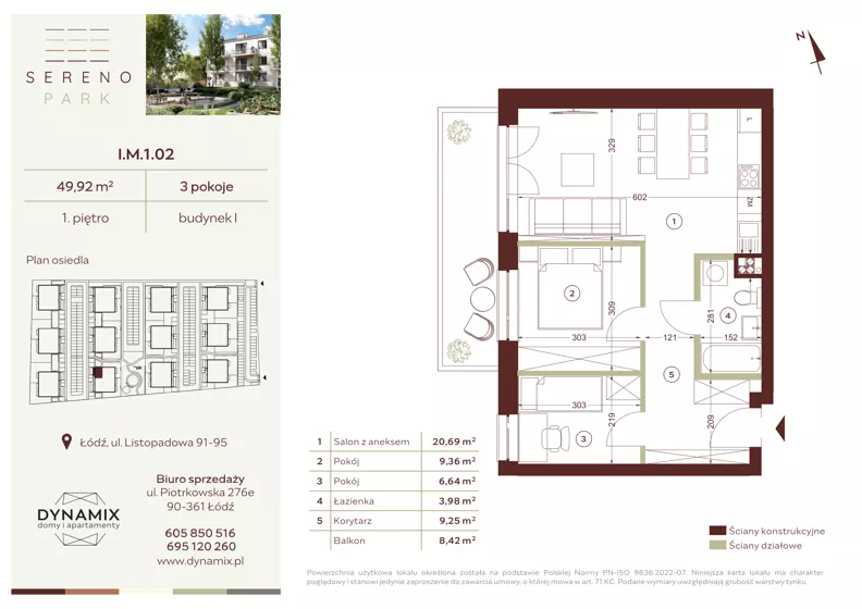 3 pokoje, mieszkanie 49,92 m², piętro 1, oferta nr I.M.1.02, Sereno Park, Łódź, Widzew, Stoki, ul. Listopadowa 91-95