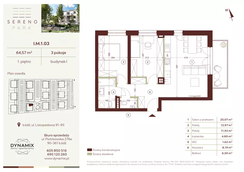 3 pokoje, mieszkanie 64,57 m², piętro 1, oferta nr I.M.1.03, Sereno Park, Łódź, Widzew, Stoki, ul. Listopadowa 91-95