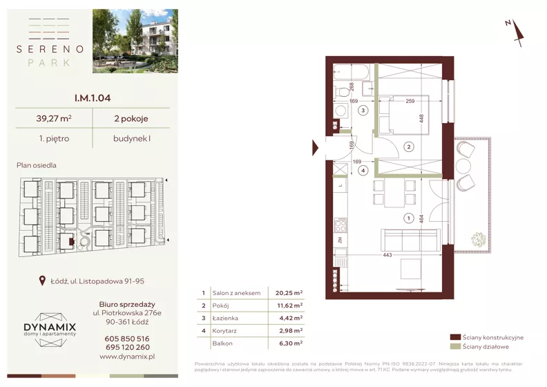 2 pokoje, mieszkanie 39,27 m², piętro 1, oferta nr I.M.1.04, Sereno Park, Łódź, Widzew, Stoki, ul. Listopadowa 91-95