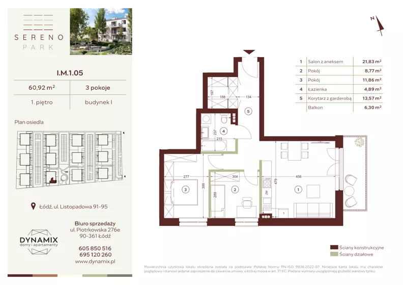 3 pokoje, mieszkanie 60,92 m², piętro 1, oferta nr I.M.1.05, Sereno Park, Łódź, Widzew, Stoki, ul. Listopadowa 91-95