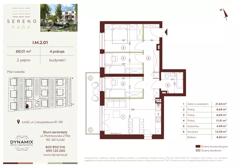 4 pokoje, mieszkanie 68,01 m², piętro 2, oferta nr I.M.2.01, Sereno Park, Łódź, Widzew, Stoki, ul. Listopadowa 91-95