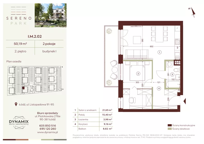 2 pokoje, mieszkanie 50,19 m², piętro 2, oferta nr I.M.2.02, Sereno Park, Łódź, Widzew, Stoki, ul. Listopadowa 91-95