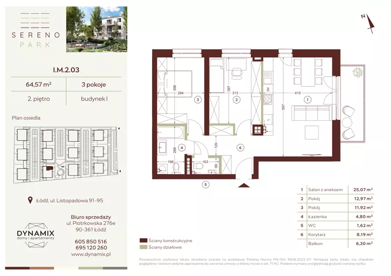 3 pokoje, mieszkanie 64,57 m², piętro 2, oferta nr I.M.2.03, Sereno Park, Łódź, Widzew, Stoki, ul. Listopadowa 91-95