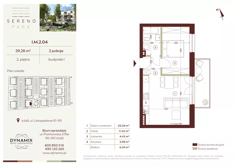 2 pokoje, mieszkanie 39,28 m², piętro 2, oferta nr I.M.2.04, Sereno Park, Łódź, Widzew, Stoki, ul. Listopadowa 91-95