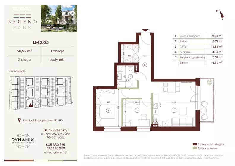 3 pokoje, mieszkanie 60,92 m², piętro 2, oferta nr I.M.2.05, Sereno Park, Łódź, Widzew, Stoki, ul. Listopadowa 91-95