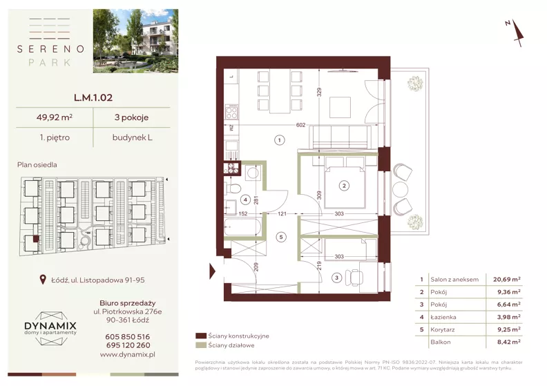 3 pokoje, mieszkanie 49,92 m², piętro 1, oferta nr L.M.1.02, Sereno Park, Łódź, Widzew, Stoki, ul. Listopadowa 91-95