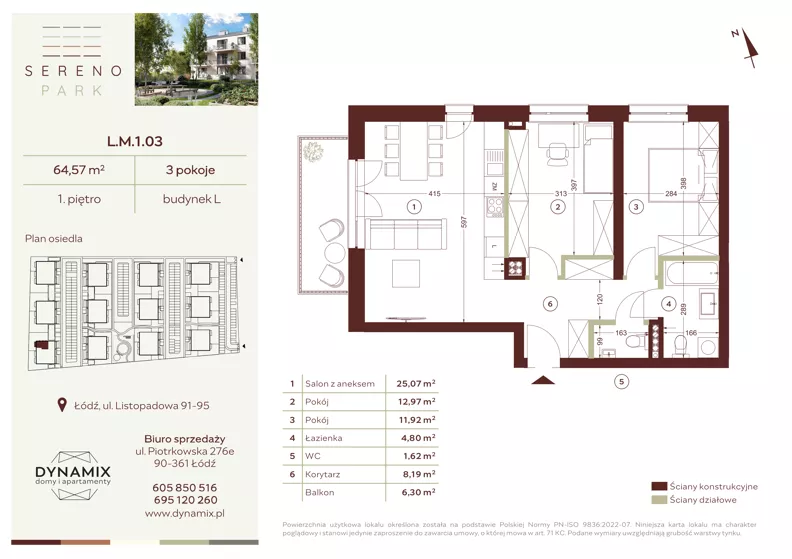3 pokoje, mieszkanie 64,57 m², piętro 1, oferta nr L.M.1.03, Sereno Park, Łódź, Widzew, Stoki, ul. Listopadowa 91-95