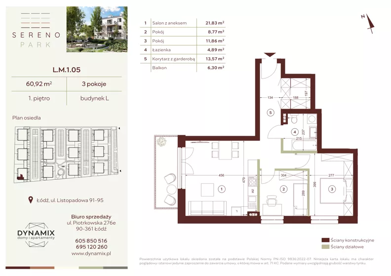 3 pokoje, mieszkanie 60,92 m², piętro 1, oferta nr L.M.1.05, Sereno Park, Łódź, Widzew, Stoki, ul. Listopadowa 91-95