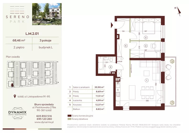 3 pokoje, mieszkanie 68,46 m², piętro 2, oferta nr L.M.2.01, Sereno Park, Łódź, Widzew, Stoki, ul. Listopadowa 91-95