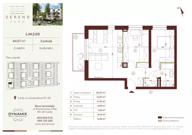 3 pokoje, mieszkanie 64,57 m², piętro 2, oferta nr L.M.2.03, Sereno Park, Łódź, Widzew, Stoki, ul. Listopadowa 91-95