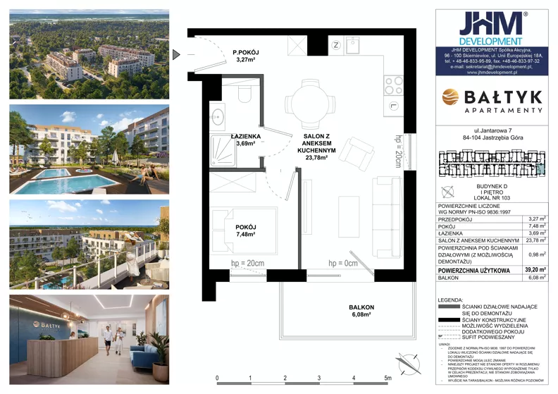 2 pokoje, apartament inwestycyjny 39,20 m², piętro 2, oferta nr D/103, Apartamenty Bałtyk - komfortowe lokale nad morzem, Jastrzębia Góra, ul. Jantarowa 3
