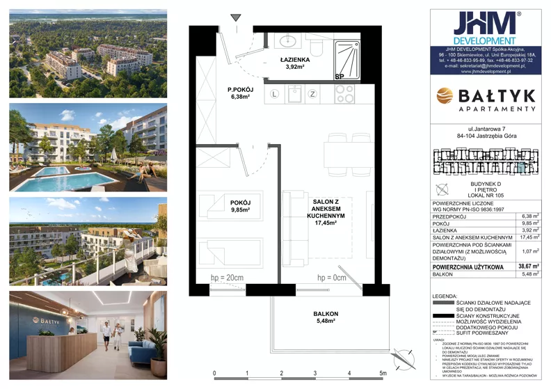 2 pokoje, apartament inwestycyjny 38,67 m², piętro 2, oferta nr D/105, Apartamenty Bałtyk - komfortowe lokale nad morzem, Jastrzębia Góra, ul. Jantarowa 3
