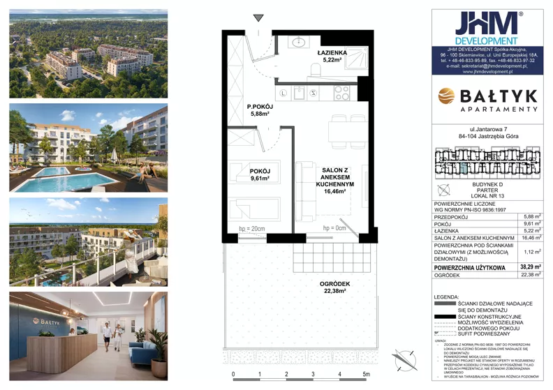 2 pokoje, apartament inwestycyjny 38,29 m², piętro 1, oferta nr D/13, Apartamenty Bałtyk - komfortowe lokale nad morzem, Jastrzębia Góra, ul. Jantarowa 3