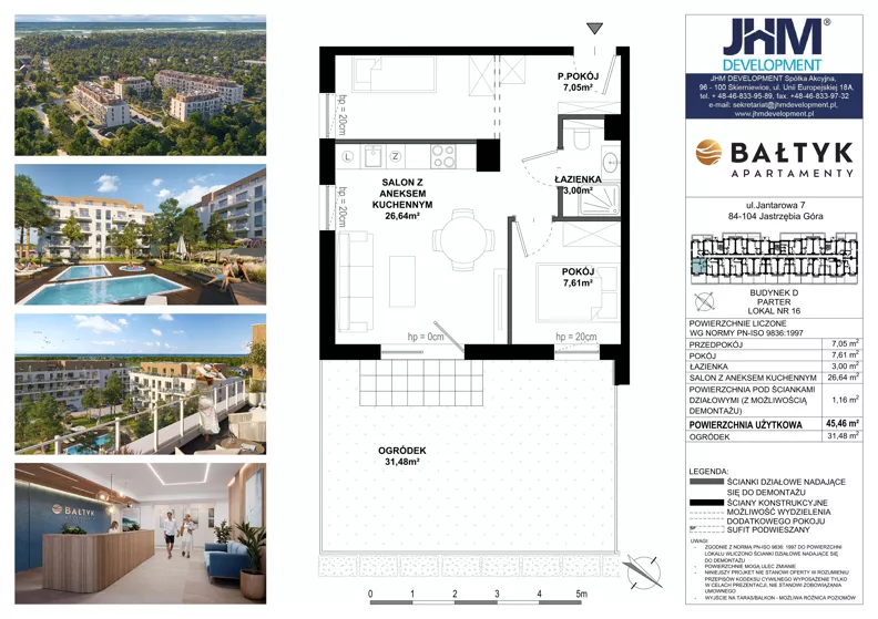 2 pokoje, apartament inwestycyjny 45,46 m², piętro 1, oferta nr D/16, Apartamenty Bałtyk - komfortowe lokale nad morzem, Jastrzębia Góra, ul. Jantarowa 3
