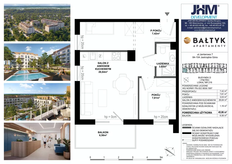 2 pokoje, apartament inwestycyjny 45,86 m², piętro 3, oferta nr D/216, Apartamenty Bałtyk - komfortowe lokale nad morzem, Jastrzębia Góra, ul. Jantarowa 3