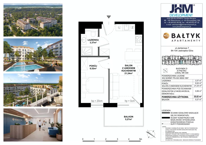 2 pokoje, apartament inwestycyjny 35,02 m², piętro 4, oferta nr D/309, Apartamenty Bałtyk - komfortowe lokale nad morzem, Jastrzębia Góra, ul. Jantarowa 3