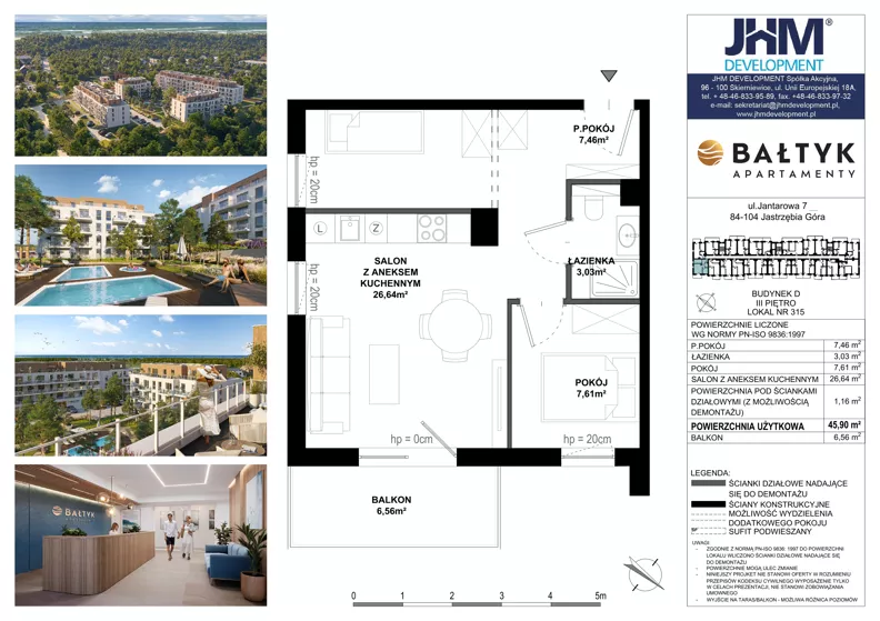 2 pokoje, apartament inwestycyjny 45,90 m², piętro 4, oferta nr D/315, Apartamenty Bałtyk - komfortowe lokale nad morzem, Jastrzębia Góra, ul. Jantarowa 3