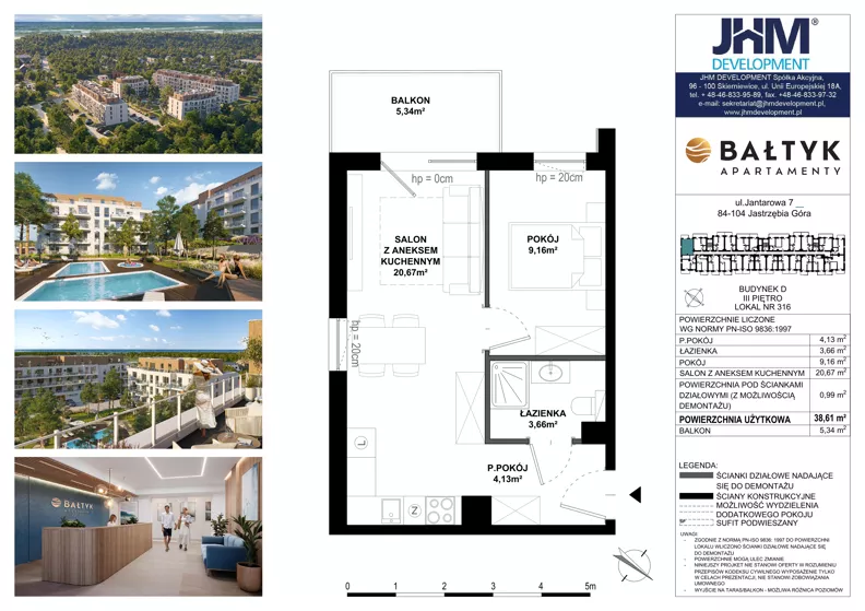 2 pokoje, apartament inwestycyjny 38,61 m², piętro 4, oferta nr D/316, Apartamenty Bałtyk - komfortowe lokale nad morzem, Jastrzębia Góra, ul. Jantarowa 3