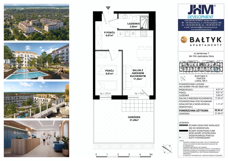 2 pokoje, apartament inwestycyjny 38,36 m², piętro 1, oferta nr D/5, Apartamenty Bałtyk - komfortowe lokale nad morzem, Jastrzębia Góra, ul. Jantarowa 3