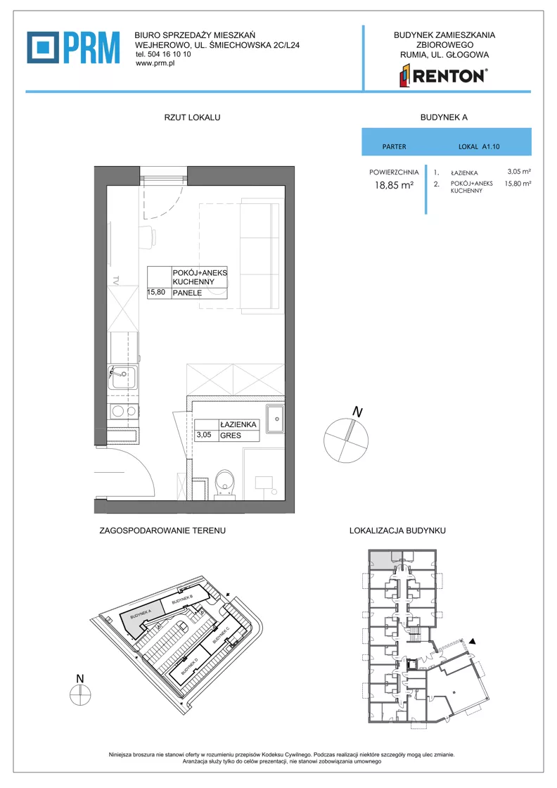 1 pokój, lokal inwestycyjny 18,85 m², parter, oferta nr A1.10, RENTON - kawalerki inwestycyjne, Rumia, Biała Rzeka, ul. Głogowa