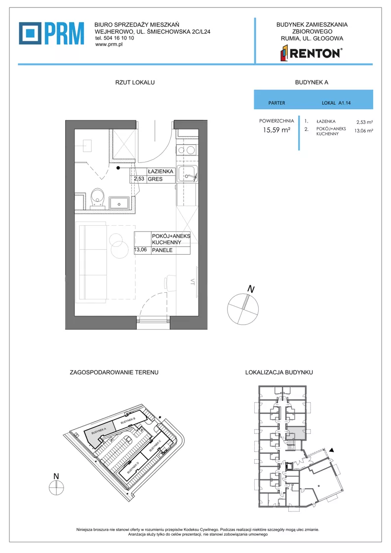 1 pokój, lokal inwestycyjny 15,59 m², parter, oferta nr A1.14, RENTON - kawalerki inwestycyjne, Rumia, Biała Rzeka, ul. Głogowa