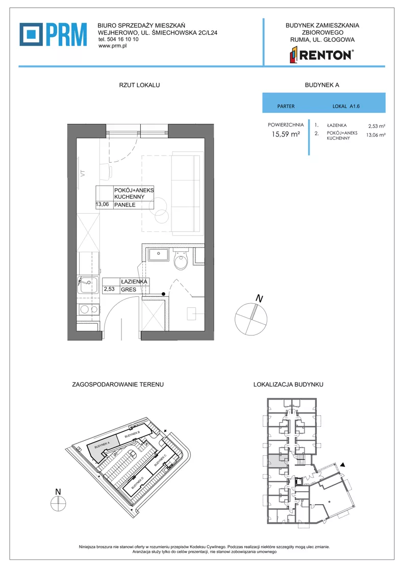 1 pokój, lokal inwestycyjny 15,59 m², parter, oferta nr A1.6, RENTON - kawalerki inwestycyjne, Rumia, Biała Rzeka, ul. Głogowa