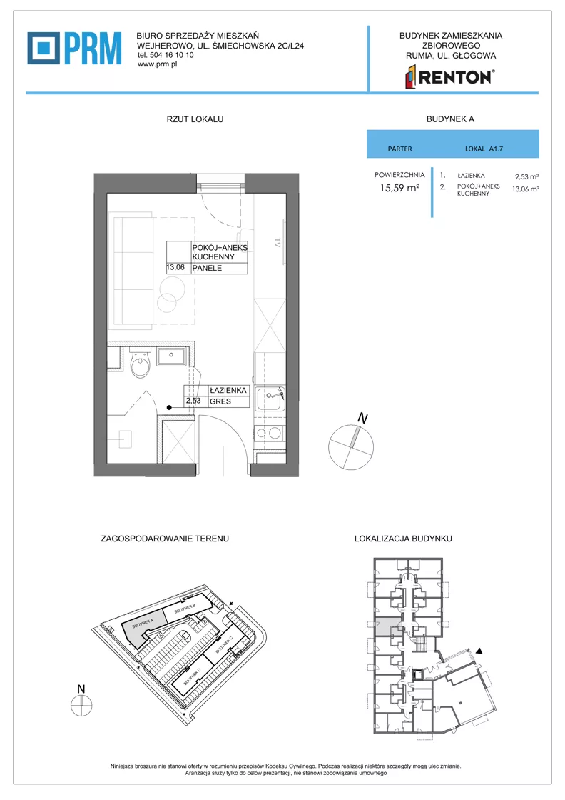 1 pokój, lokal inwestycyjny 15,59 m², parter, oferta nr A1.7, RENTON - kawalerki inwestycyjne, Rumia, Biała Rzeka, ul. Głogowa