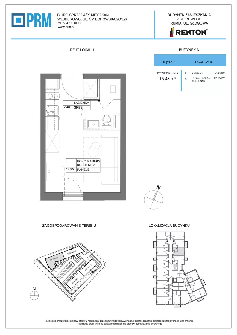 1 pokój, lokal inwestycyjny 15,43 m², piętro 1, oferta nr A2.16, RENTON - kawalerki inwestycyjne, Rumia, Biała Rzeka, ul. Głogowa