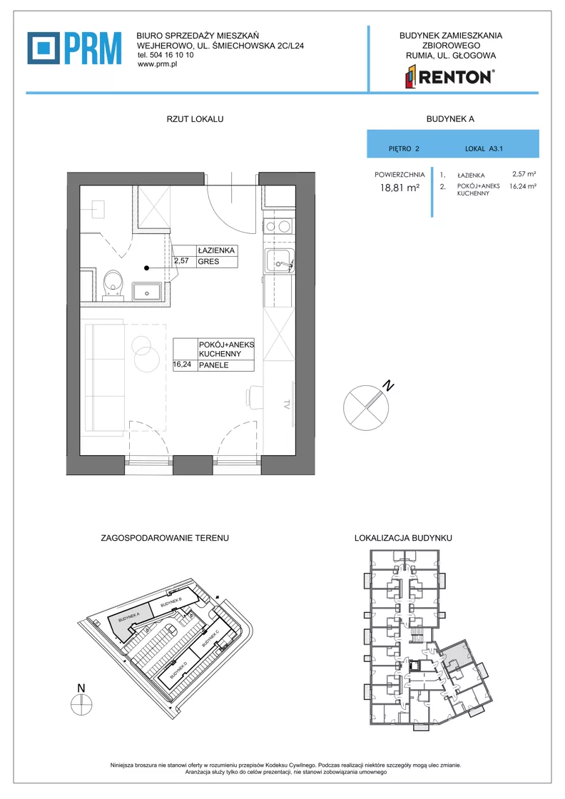 1 pokój, lokal inwestycyjny 18,81 m², piętro 2, oferta nr A3.1, RENTON - kawalerki inwestycyjne, Rumia, Biała Rzeka, ul. Głogowa