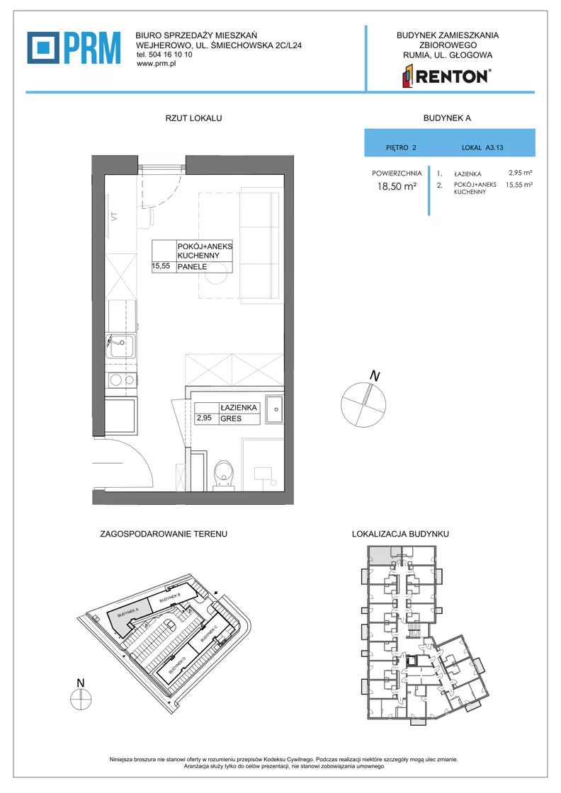 1 pokój, lokal inwestycyjny 18,50 m², piętro 2, oferta nr A3.13, RENTON - kawalerki inwestycyjne, Rumia, Biała Rzeka, ul. Głogowa