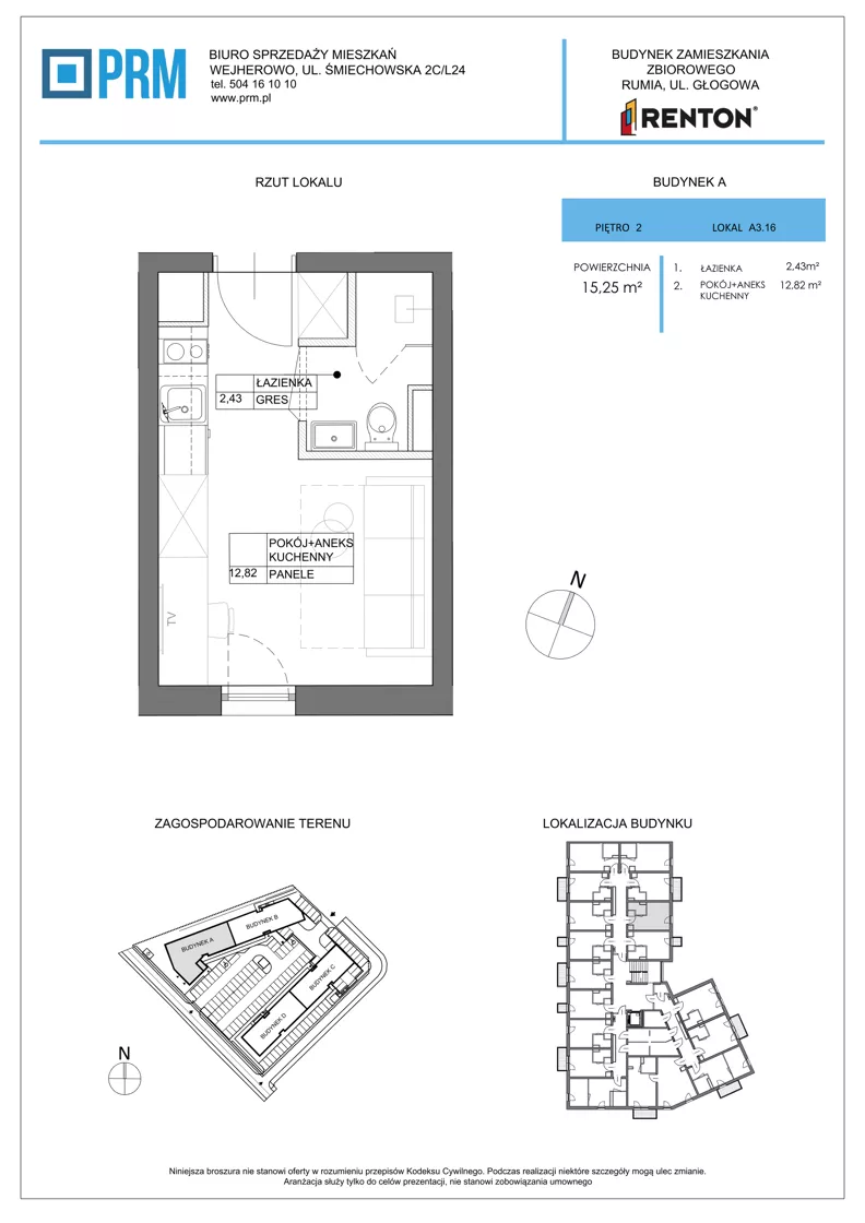 1 pokój, lokal inwestycyjny 15,25 m², piętro 2, oferta nr A3.16, RENTON - kawalerki inwestycyjne, Rumia, Biała Rzeka, ul. Głogowa