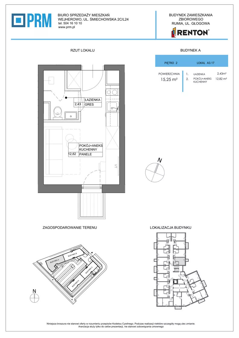 1 pokój, lokal inwestycyjny 15,25 m², piętro 2, oferta nr A3.17, RENTON - kawalerki inwestycyjne , Rumia, Biała Rzeka, ul. Głogowa