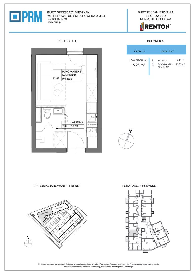 1 pokój, lokal inwestycyjny 15,25 m², piętro 2, oferta nr A3.7, RENTON - kawalerki inwestycyjne, Rumia, Biała Rzeka, ul. Głogowa