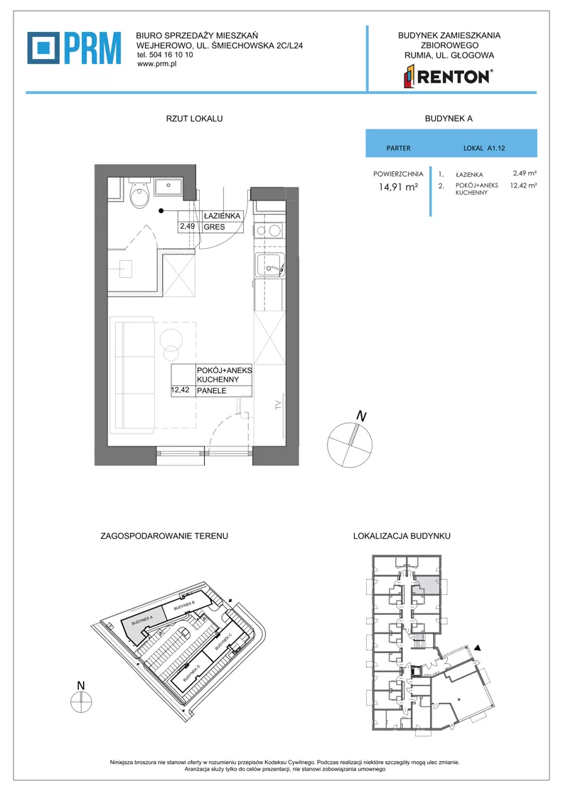 1 pokój, lokal inwestycyjny 14,91 m², parter, oferta nr A1.12, RENTON - kawalerki inwestycyjne, Rumia, Biała Rzeka, ul. Głogowa