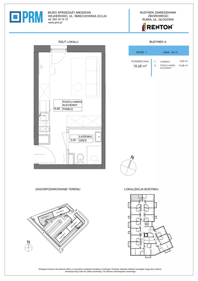 1 pokój, lokal inwestycyjny 18,68 m², piętro 1, oferta nr A2.13, RENTON - kawalerki inwestycyjne , Rumia, Biała Rzeka, ul. Głogowa