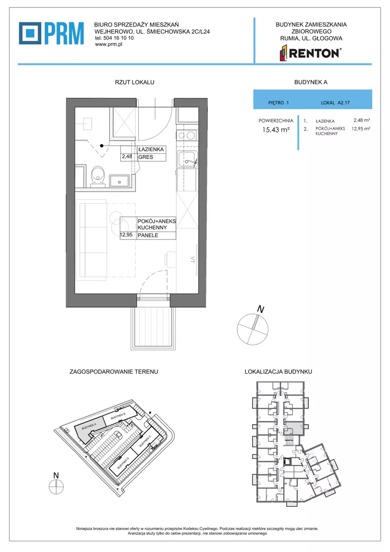 1 pokój, lokal inwestycyjny 15,43 m², piętro 1, oferta nr A2.17, RENTON - kawalerki inwestycyjne , Rumia, Biała Rzeka, ul. Głogowa