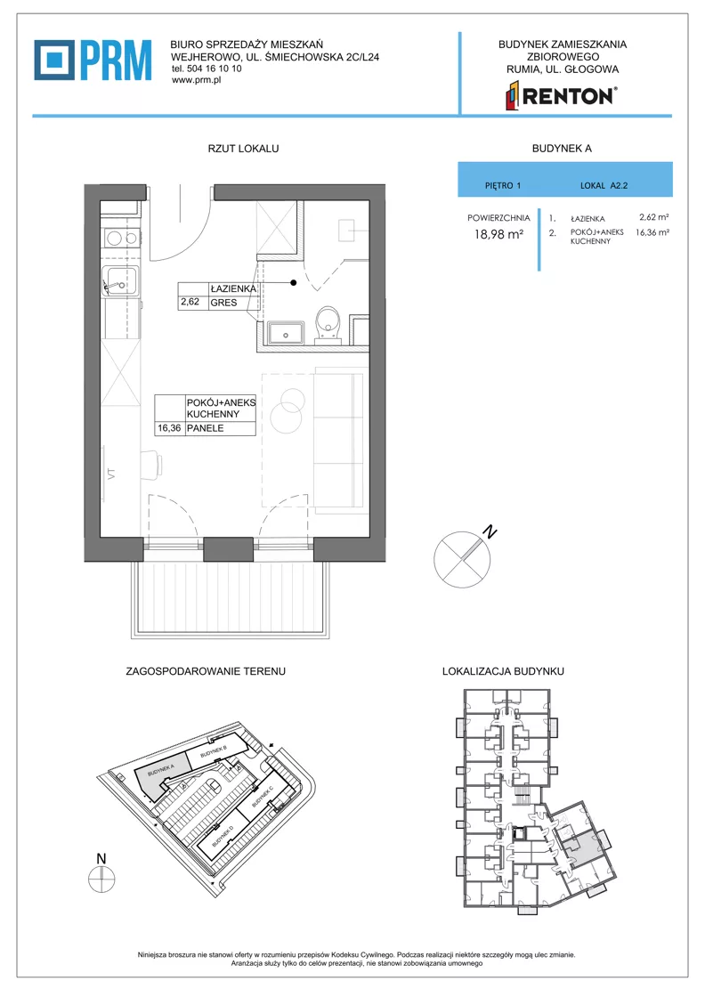 1 pokój, lokal inwestycyjny 18,98 m², piętro 1, oferta nr A2.2, RENTON - kawalerki inwestycyjne , Rumia, Biała Rzeka, ul. Głogowa