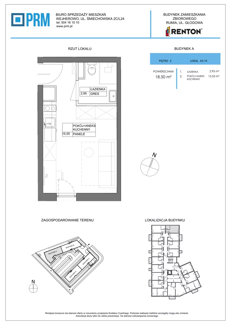 1 pokój, lokal inwestycyjny 18,50 m², piętro 2, oferta nr A3.14, RENTON - kawalerki inwestycyjne , Rumia, Biała Rzeka, ul. Głogowa