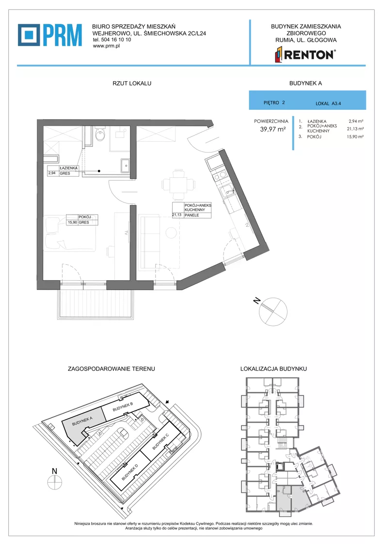 2 pokoje, lokal inwestycyjny 39,97 m², piętro 2, oferta nr A3.4, RENTON - kawalerki inwestycyjne , Rumia, Biała Rzeka, ul. Głogowa