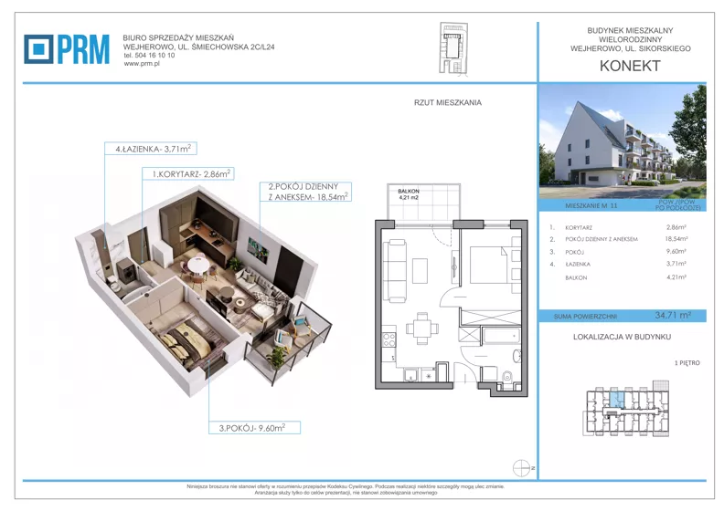 2 pokoje, mieszkanie 34,71 m², piętro 1, oferta nr M11, KONEKT, Wejherowo, ul. Sikorskiego 71