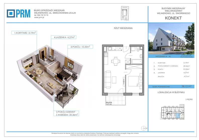 2 pokoje, mieszkanie 38,15 m², piętro 1, oferta nr M16, KONEKT, Wejherowo, ul. Sikorskiego 71