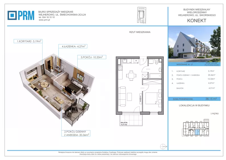2 pokoje, mieszkanie 38,15 m², piętro 1, oferta nr M17, KONEKT, Wejherowo, ul. Sikorskiego 71