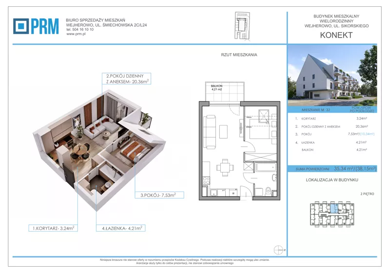 2 pokoje, mieszkanie 35,34 m², piętro 2, oferta nr M22, KONEKT, Wejherowo, ul. Sikorskiego 71