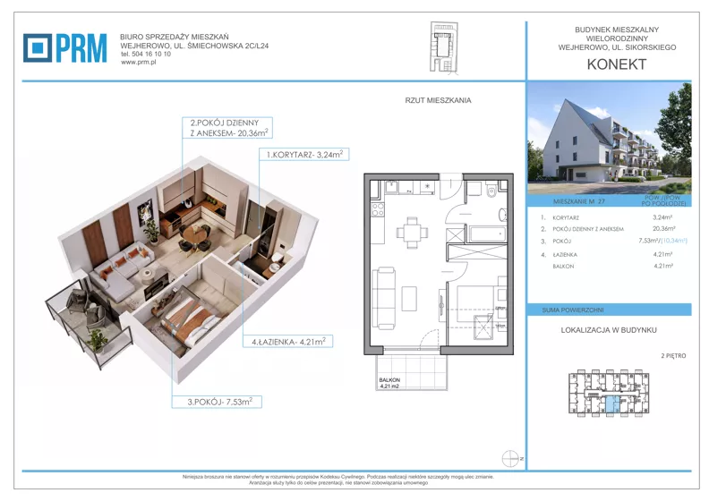 2 pokoje, mieszkanie 35,34 m², piętro 2, oferta nr M27, KONEKT, Wejherowo, ul. Sikorskiego 71