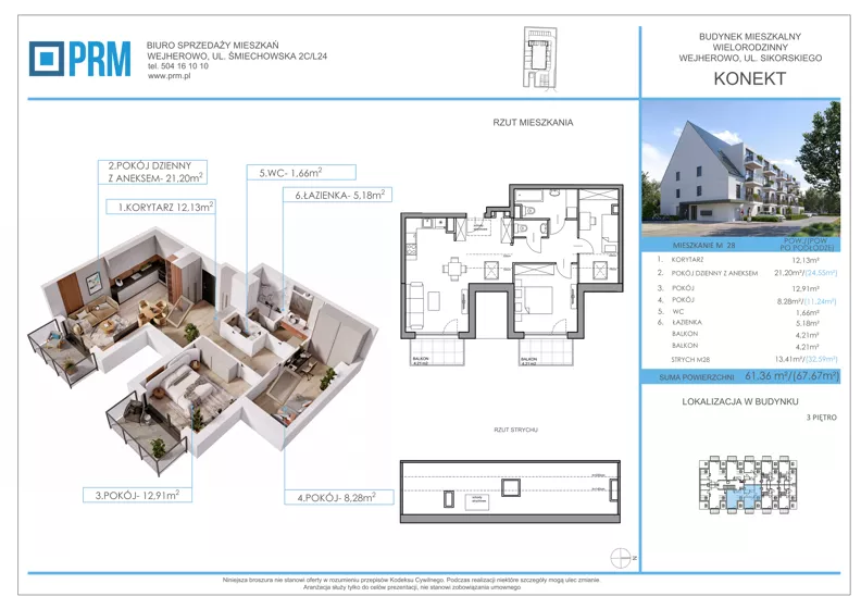 3 pokoje, mieszkanie 61,36 m², piętro 3, oferta nr M28, KONEKT, Wejherowo, ul. Sikorskiego 71